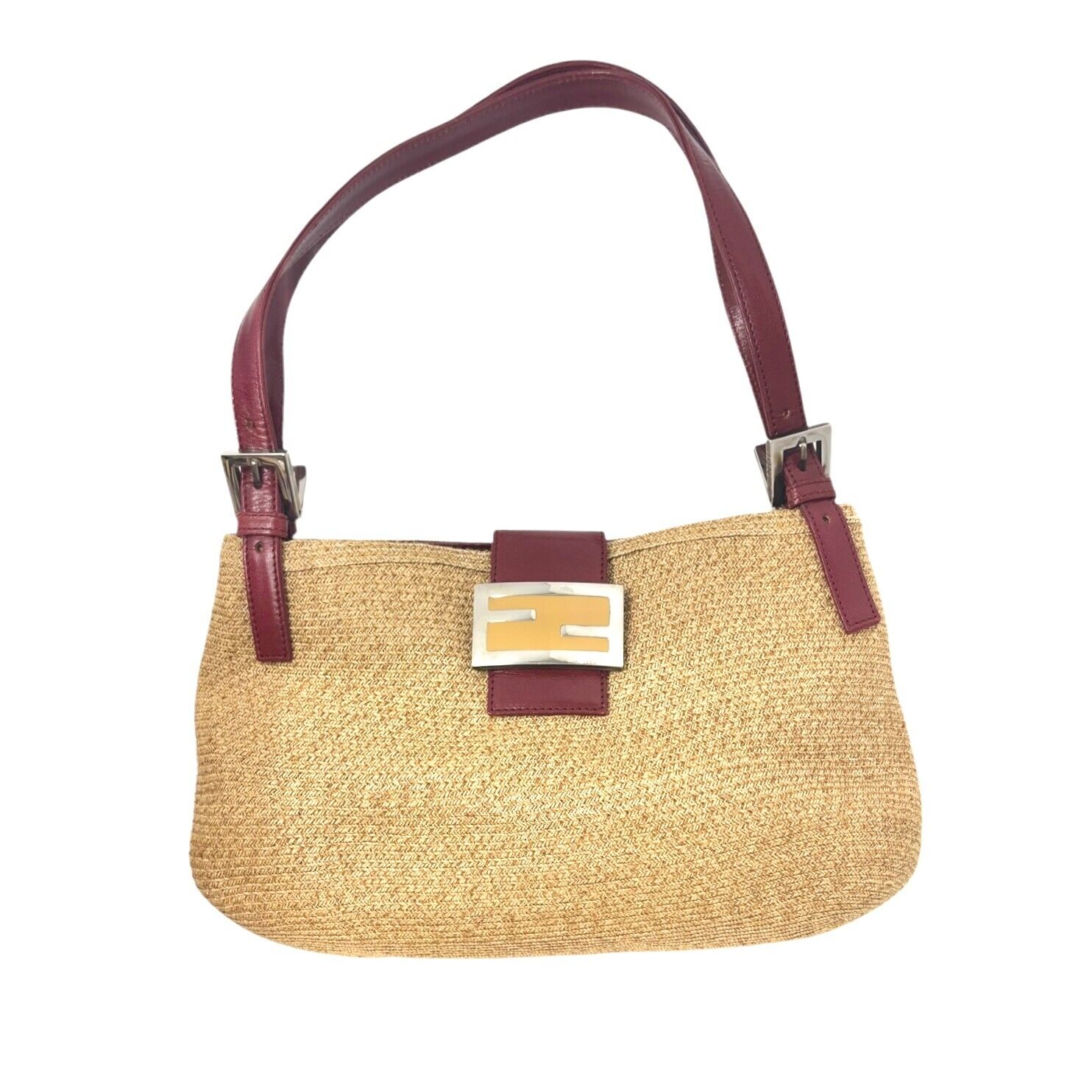 FENDI Vintage Logo Mamma Baguette Shoulder Bag Straw Raffia Red Leather