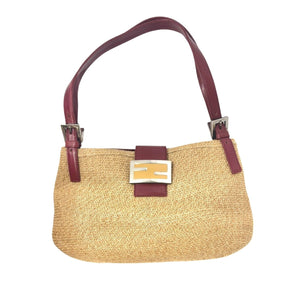 FENDI Vintage Logo Mamma Baguette Shoulder Bag Straw Raffia Red Leather