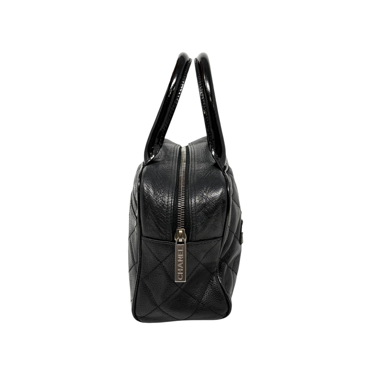 CHANEL Vintage CC Big Logo Quilted Leather Mini Bowling Boston Bag Black Silver