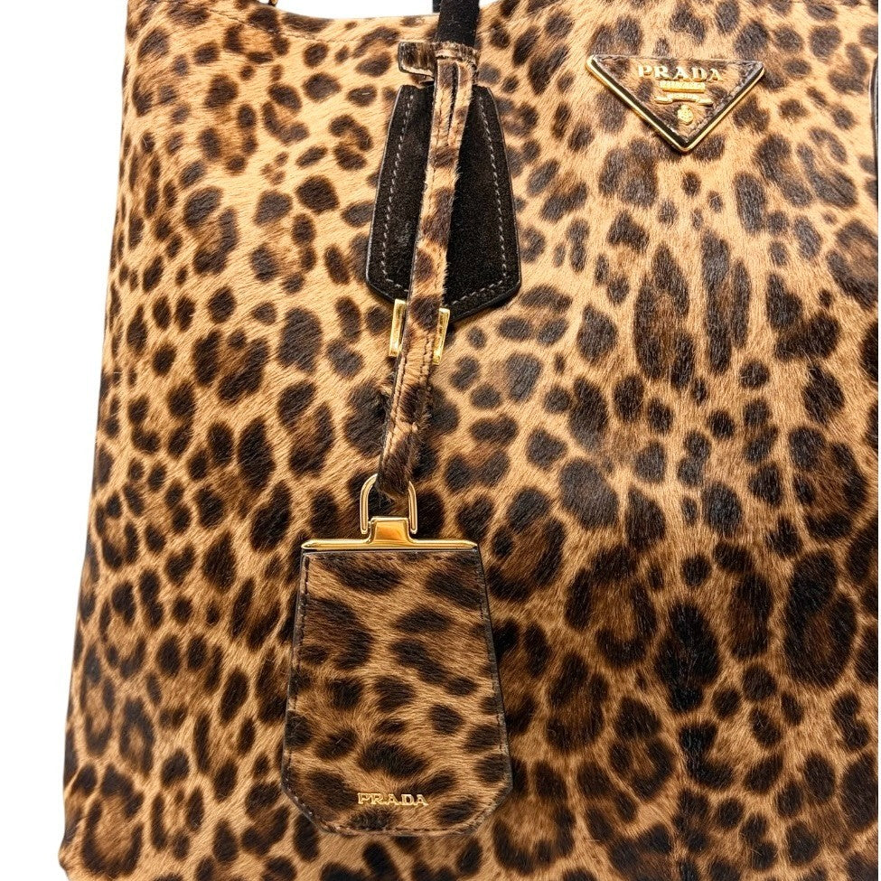 PRADA Vintage Triangle Logo Leopard Tote Bag Brown Black Pony Calf Hair 902452