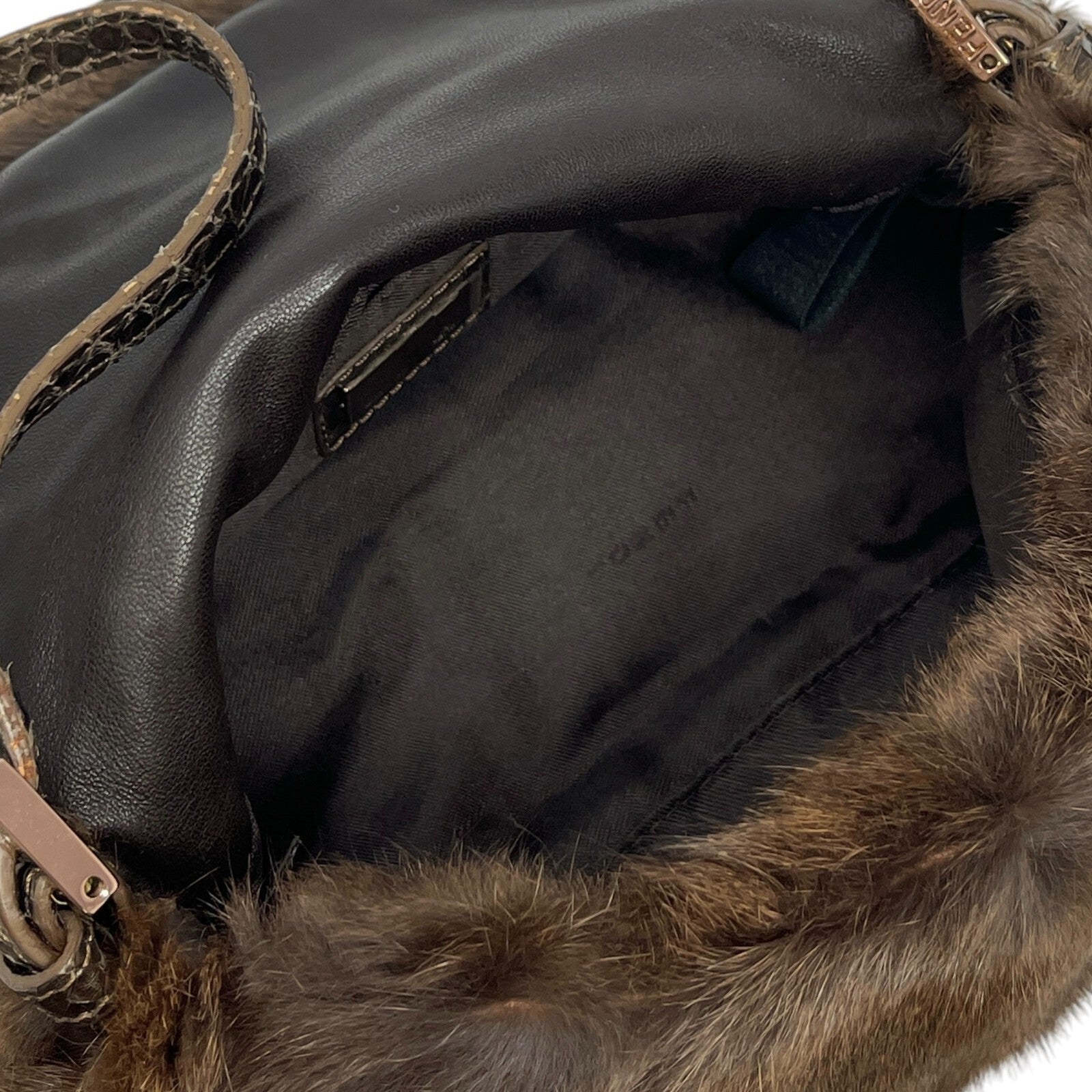 FENDI Vintage FF Logo Fur Mini Mamma Baguette Shoulder Bag Brown Gold Leather