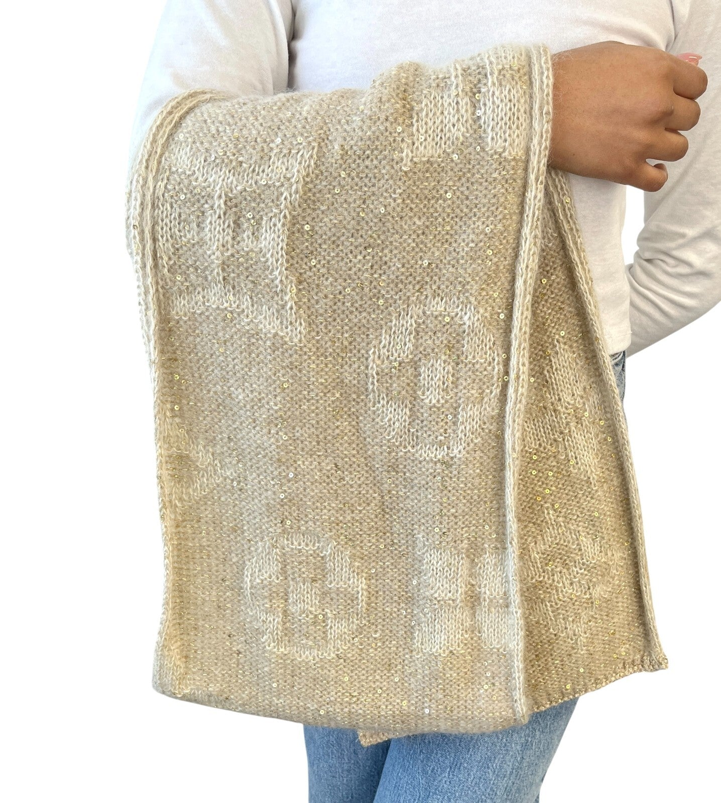 LOUIS VUITTON Vintage LV Monogram Logo Knit Sequins Scarf Shawl Beige Mohair