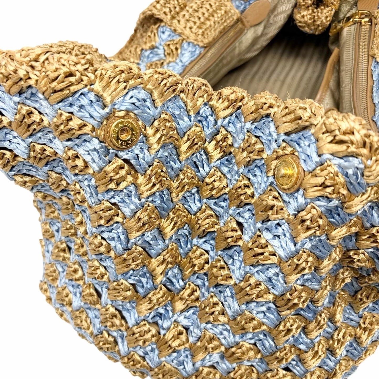 PRADA Vintage Triangle Logo Raffia Canapa Tote Bag Beige Blue Crochet 902055