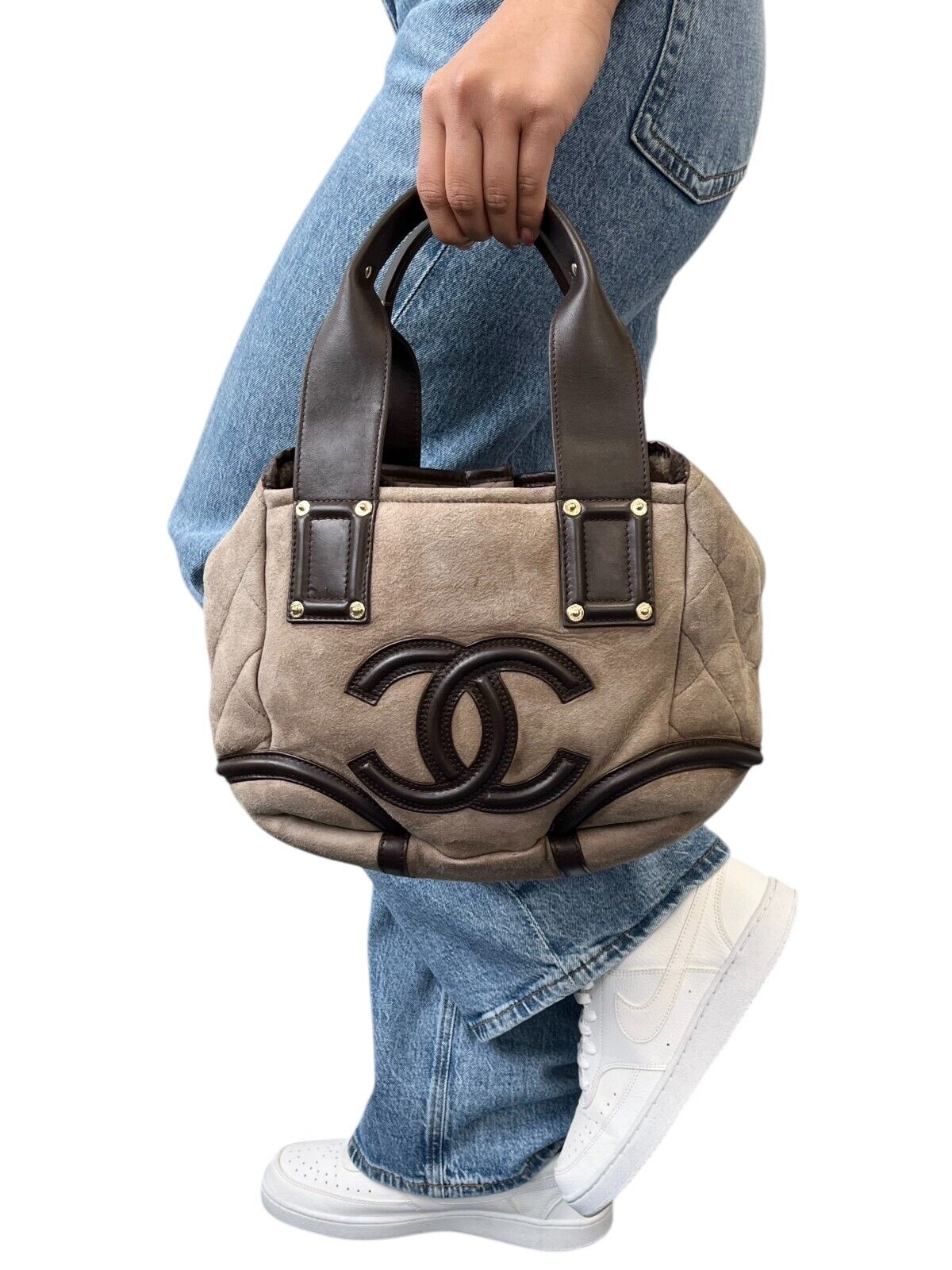 CHANEL Vintage CC Logo Tote Bag Matelasse Snap Button Brown Gold Suede Leather