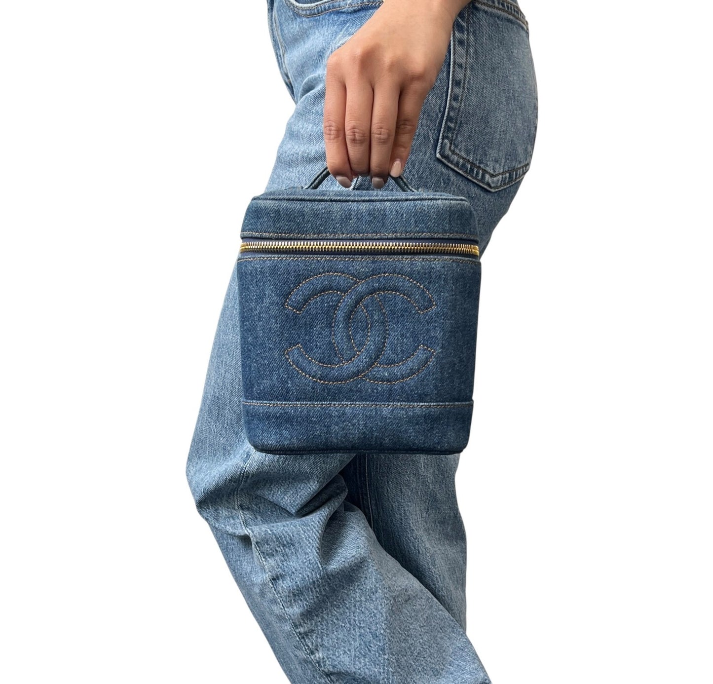 CHANEL Vintage CC Logo Denim Timeless Vanity Bag Handbag Blue Gold Cotton 902240