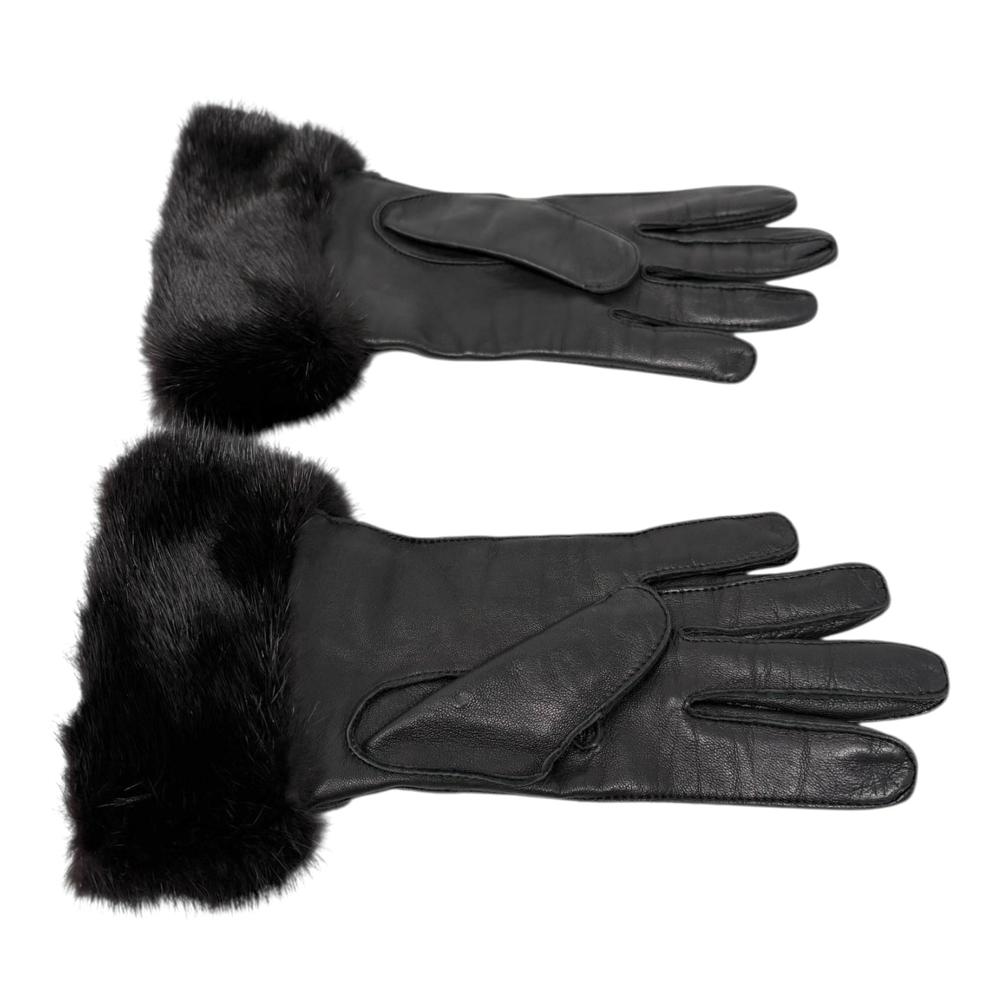 GUCCI Vintage Horsebit Fur Trim Lambskin Leather Gloves #6.5 Black Silver