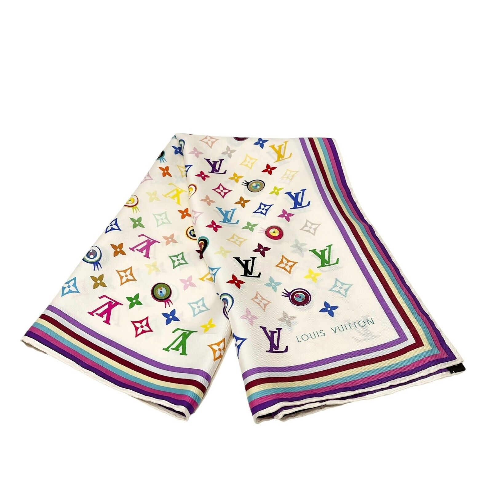 LOUIS VUITTON Vintage LV Multicolor Monogram Logo Scarf Wrap Shawl Craem