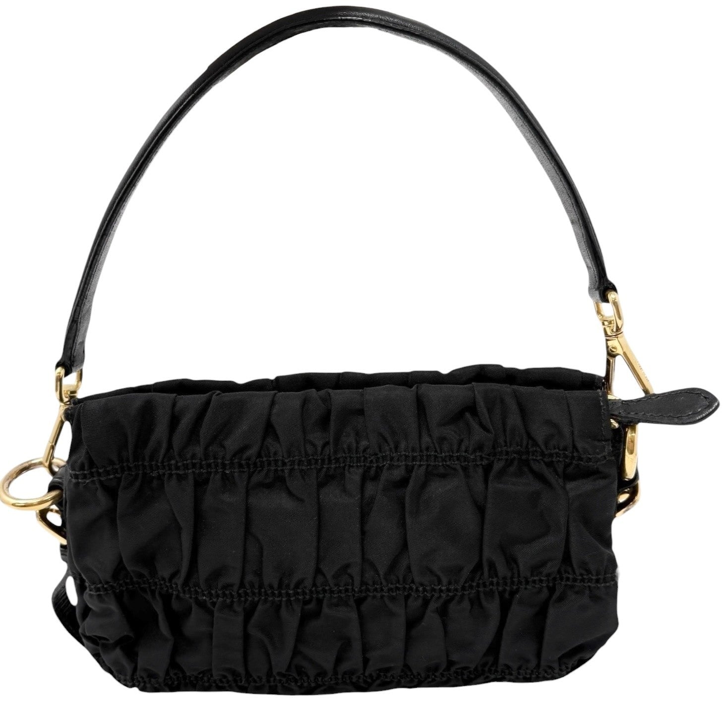 PRADA Vintage Logo Black Gathered Nylon Shoulder Mini Bag Gold Ribbon Leather
