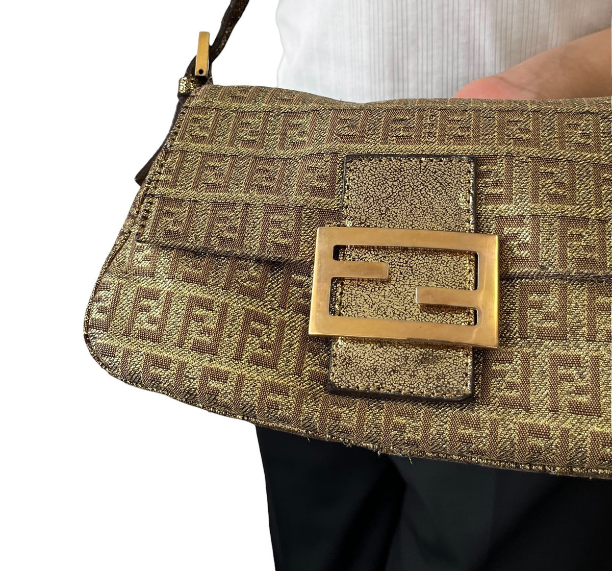 FENDI Vintage FF Logo Mamma Baguette Mini Shoulder Bag Pochette Gold 902053
