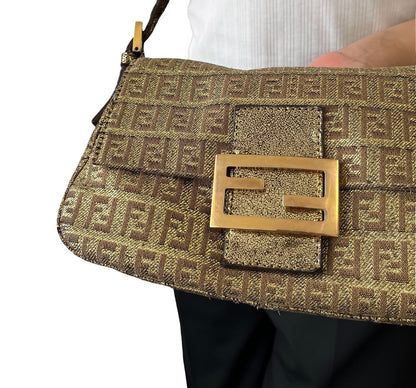 FENDI Vintage FF Logo Mamma Baguette Mini Shoulder Bag Pochette Gold 902053