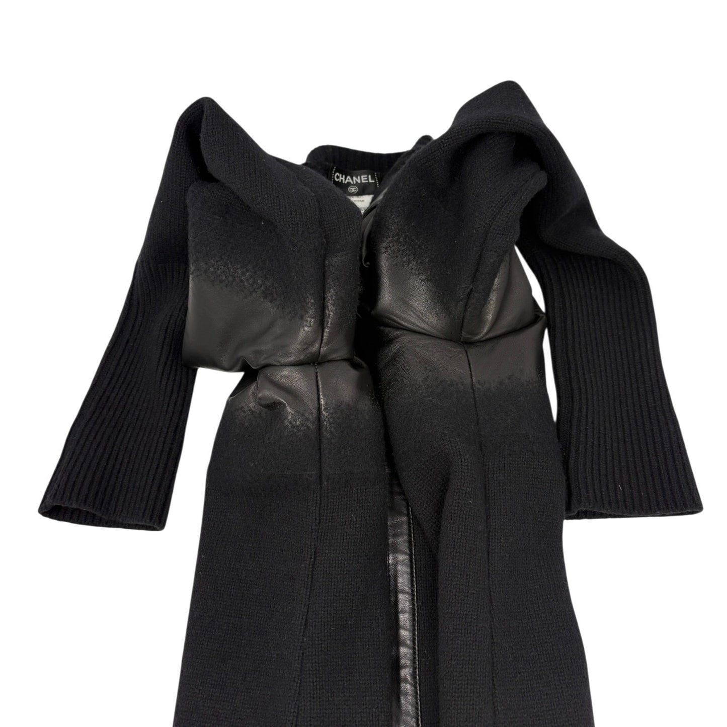 CHANEL Vintage P44562 CC Logo Lambskin Leather Knit Long Jacket #36 Wool Black