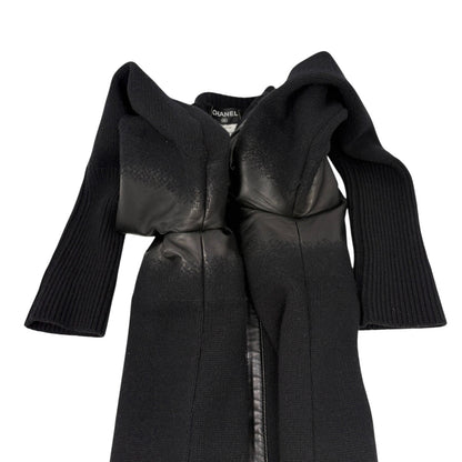 CHANEL Vintage P44562 CC Logo Lambskin Leather Knit Long Jacket #36 Wool Black