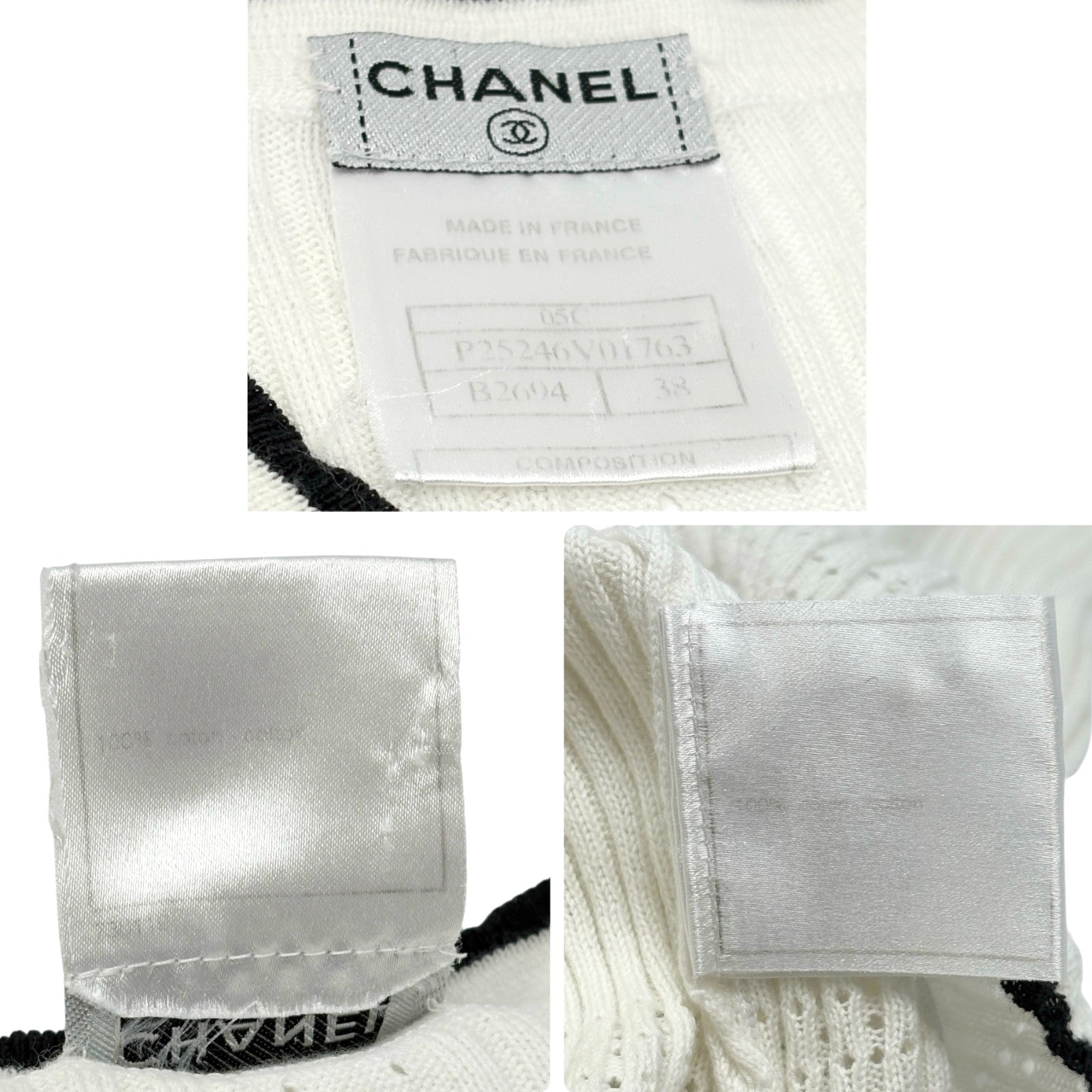 CHANEL Vintage 05C CC Logo Ribbed Knit Ribbon T-shirts Top #38 White Black