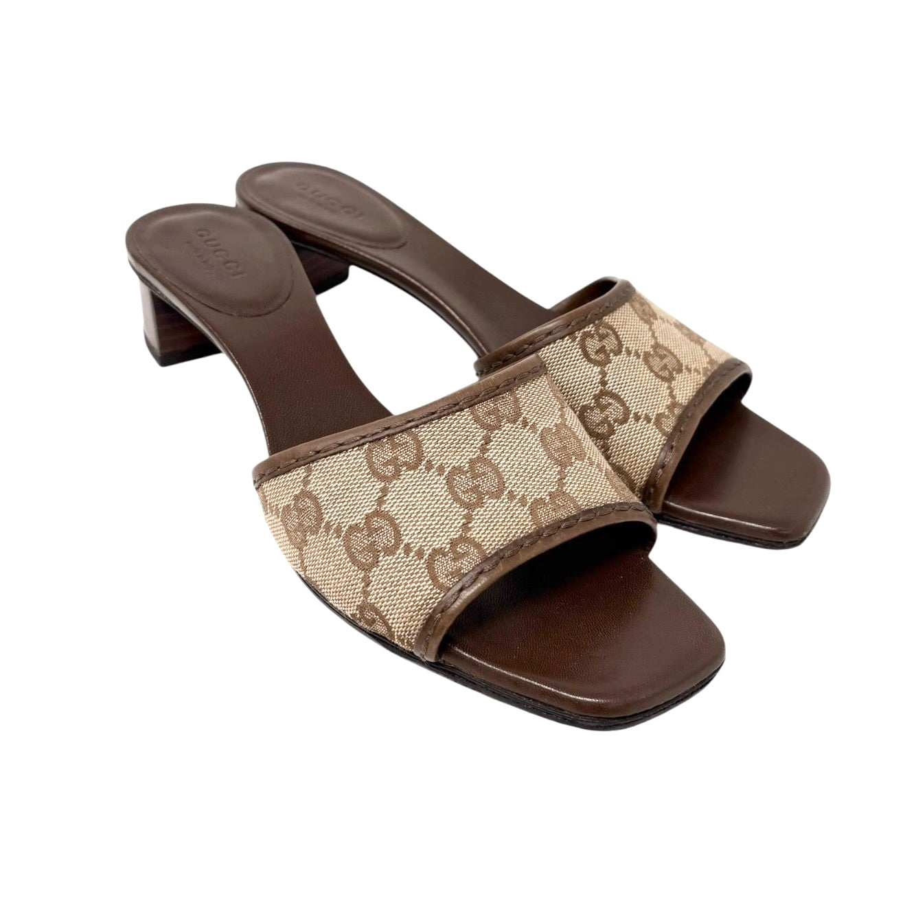 GUCCI Vintage GG Logo Monogram Sandals Block Heels #36.5 Brown Canvas Leather