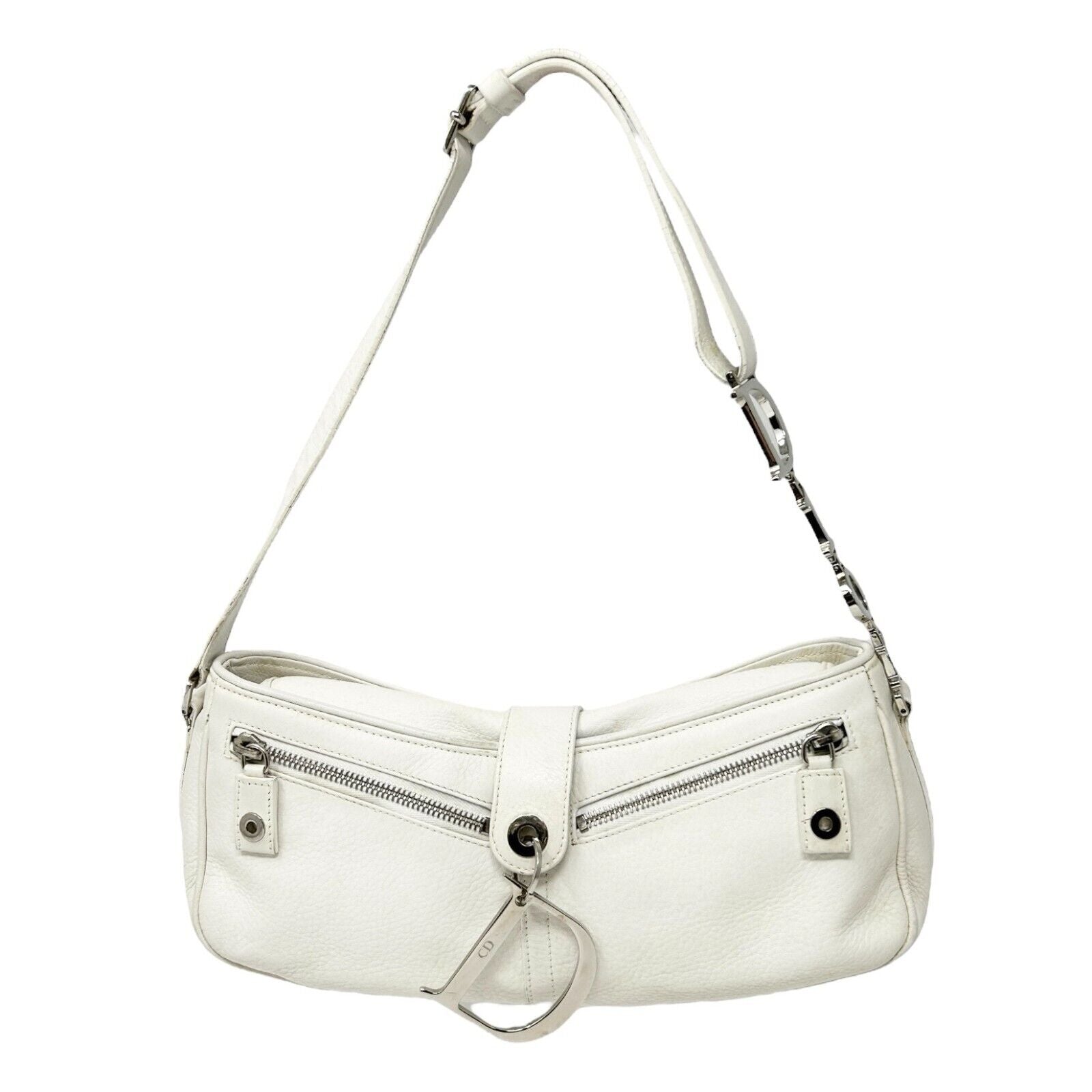 Christian Dior Vintage 2004 Logo Shoulder Bag White Silver Leather Zip Magnet