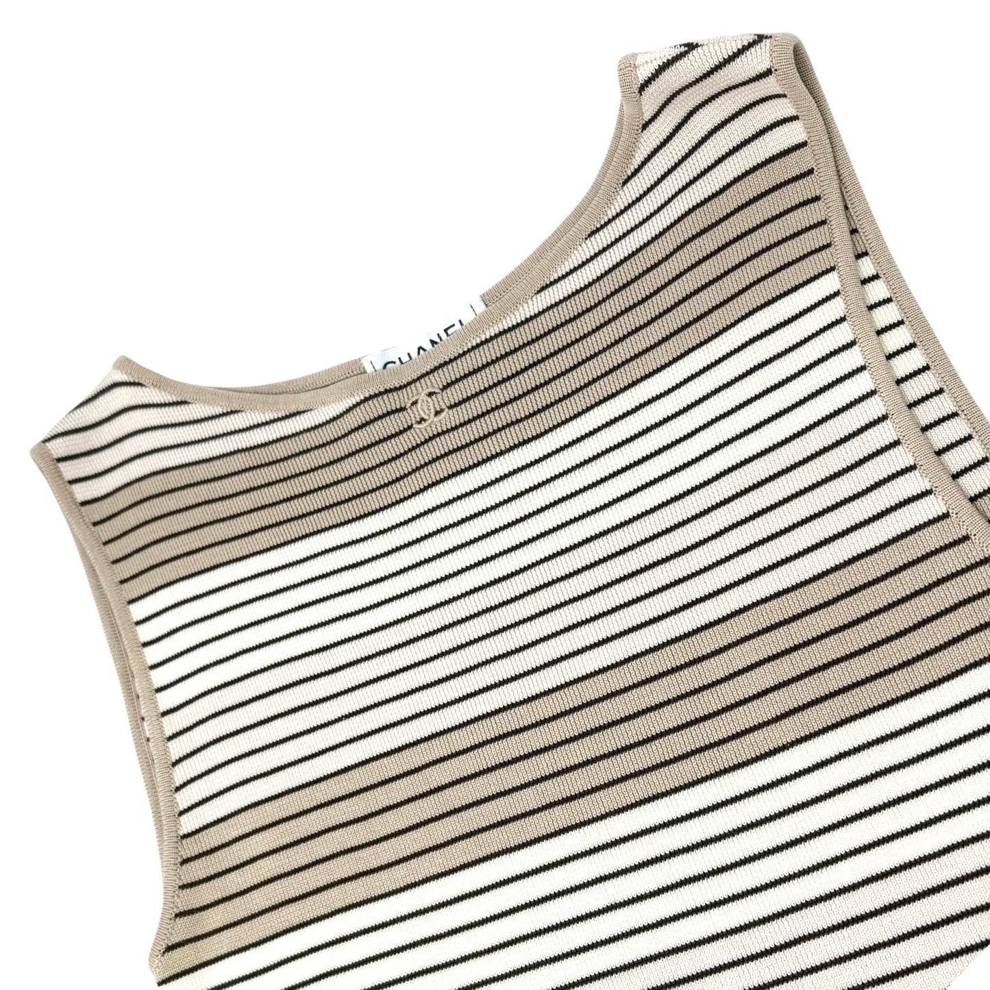 CHANEL Vintage 98P CC Logo Knit Tank Top #40 Stripe Brown Beige Cotton