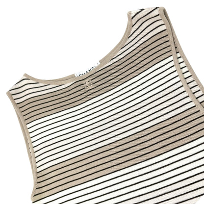 CHANEL Vintage 98P CC Logo Knit Tank Top #40 Stripe Brown Beige Cotton