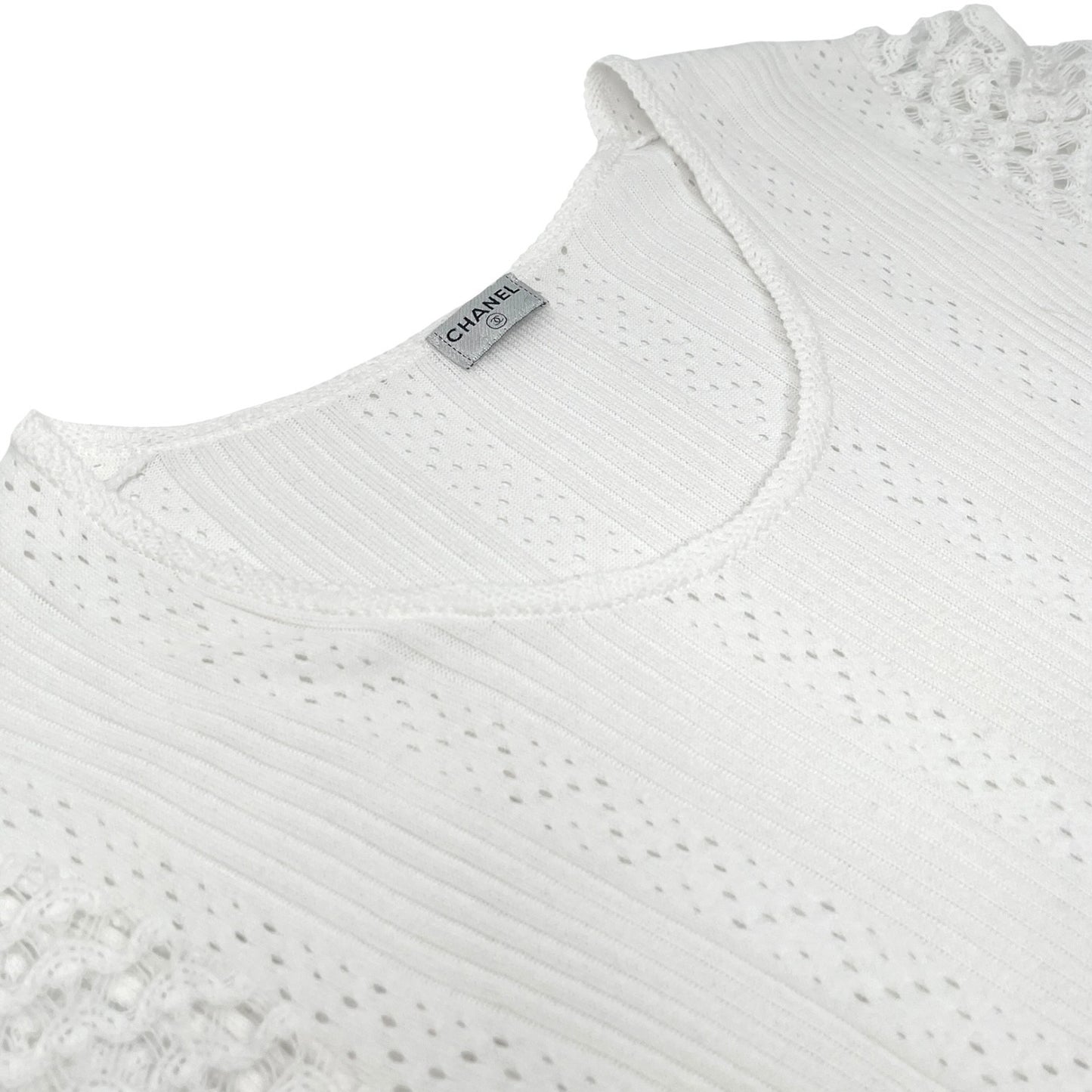CHANEL Vintage 05C CC Logo Rib Lace T-shirt Top White Cotton Pockets 106999
