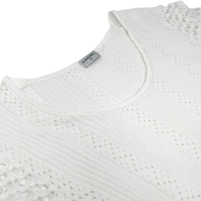 CHANEL Vintage 05C CC Logo Rib Lace T-shirt Top White Cotton Pockets 106999