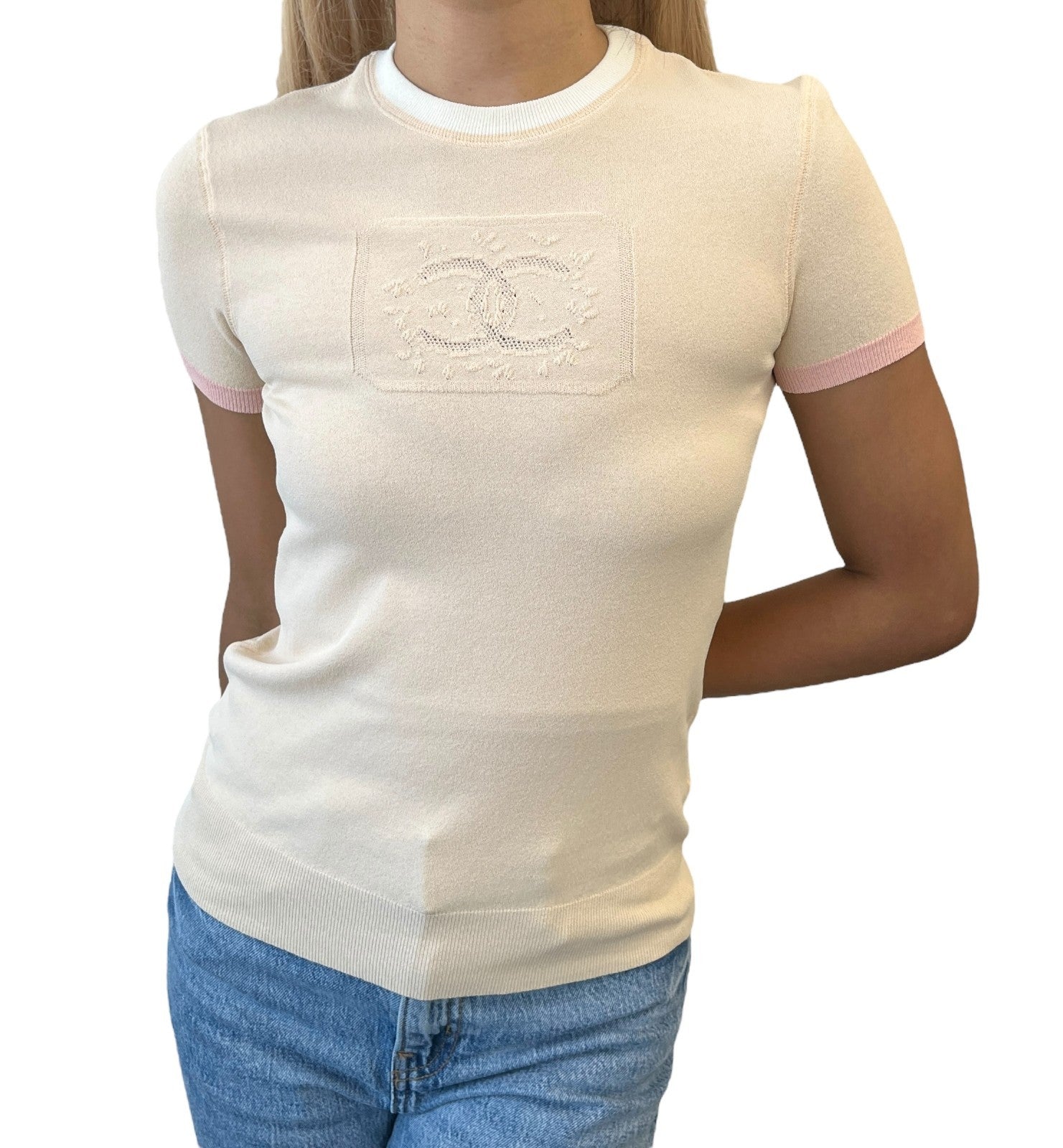 CHANEL Vintage 04C CC Mark Logo Bicolor T-shirt #38 Beige Pink White Rayon