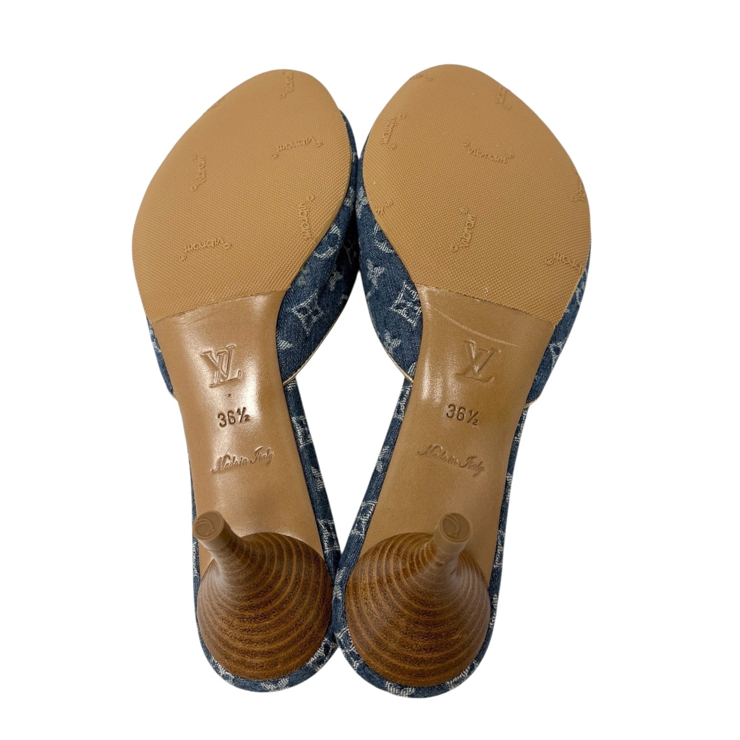 LOUIS VUITTON Vintage Monogram Denim Heels Sandals #36.5 Blue Gold Corsage