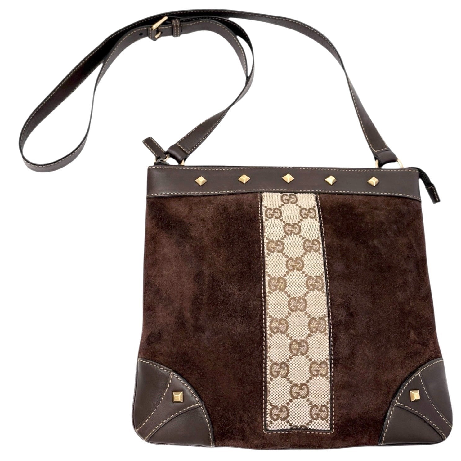 GUCCI Vintage GG Monogram Crossbody Bag Brown Gold Suede Canvas Studs Nailhead