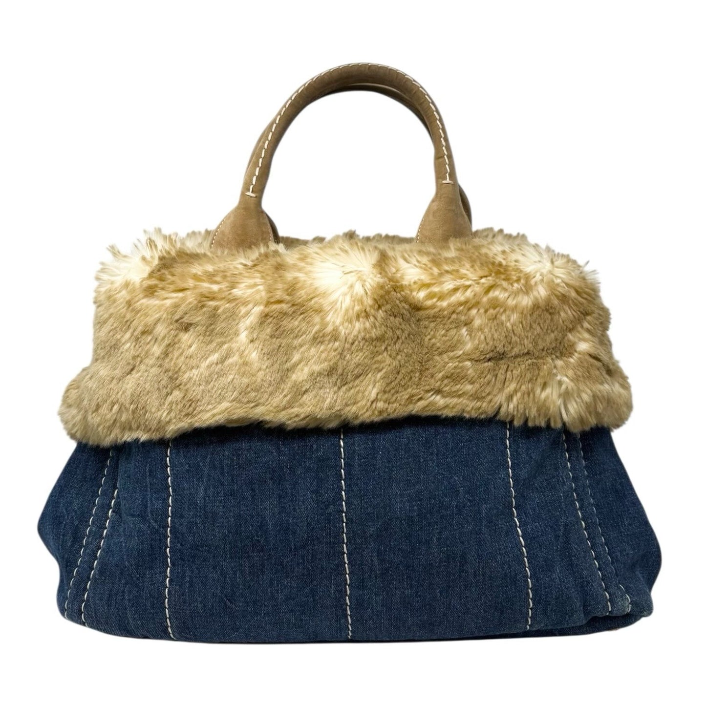 PRADA Vintage Canapa Big Logo Denim Tote Bag Blue Cream Suede Stitch