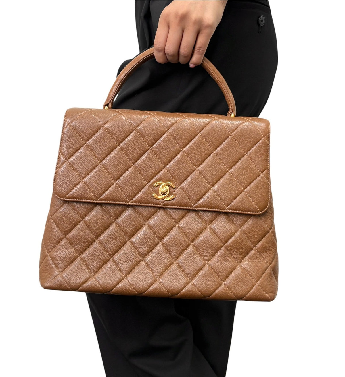 CHANEL Vintage CC Turnlock Quilted Top Handle Bag Brown Gold Leather 902334