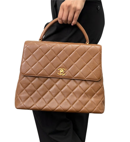 CHANEL Vintage CC Turnlock Quilted Top Handle Bag Brown Gold Leather 902334