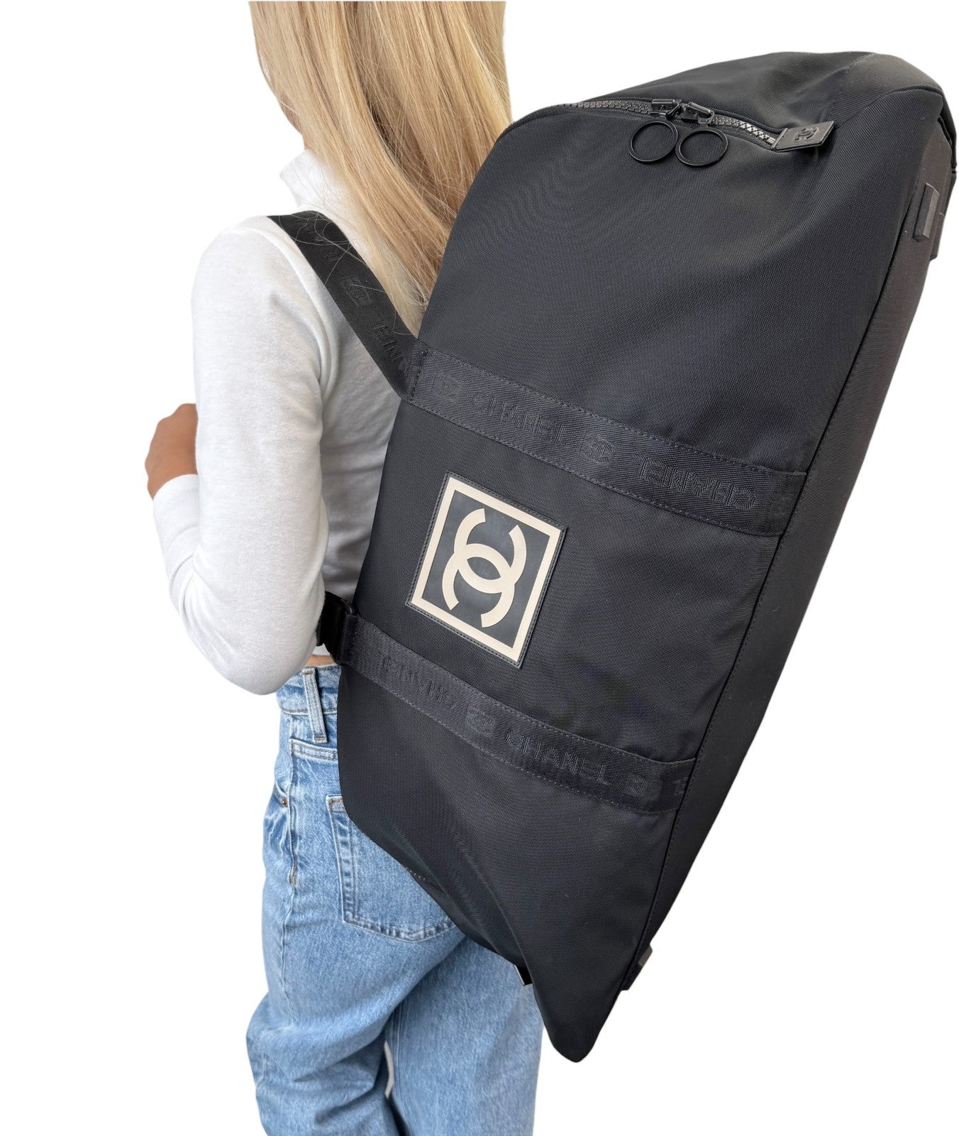 CHANEL Sport Vintage A19977 Nylon Travel Gym Bag L Black CC Logo Bowling