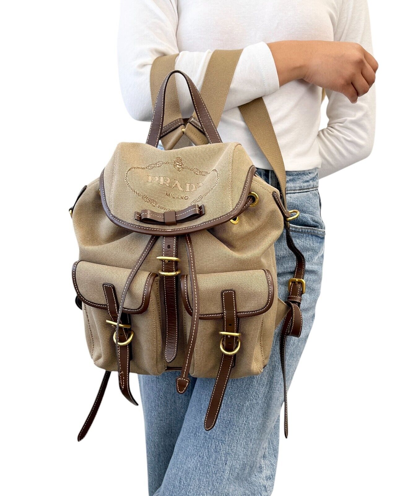 PRADA Vintage Logo Jacquard Backpack Brown Gold Canvas Leather Magnetic Zip