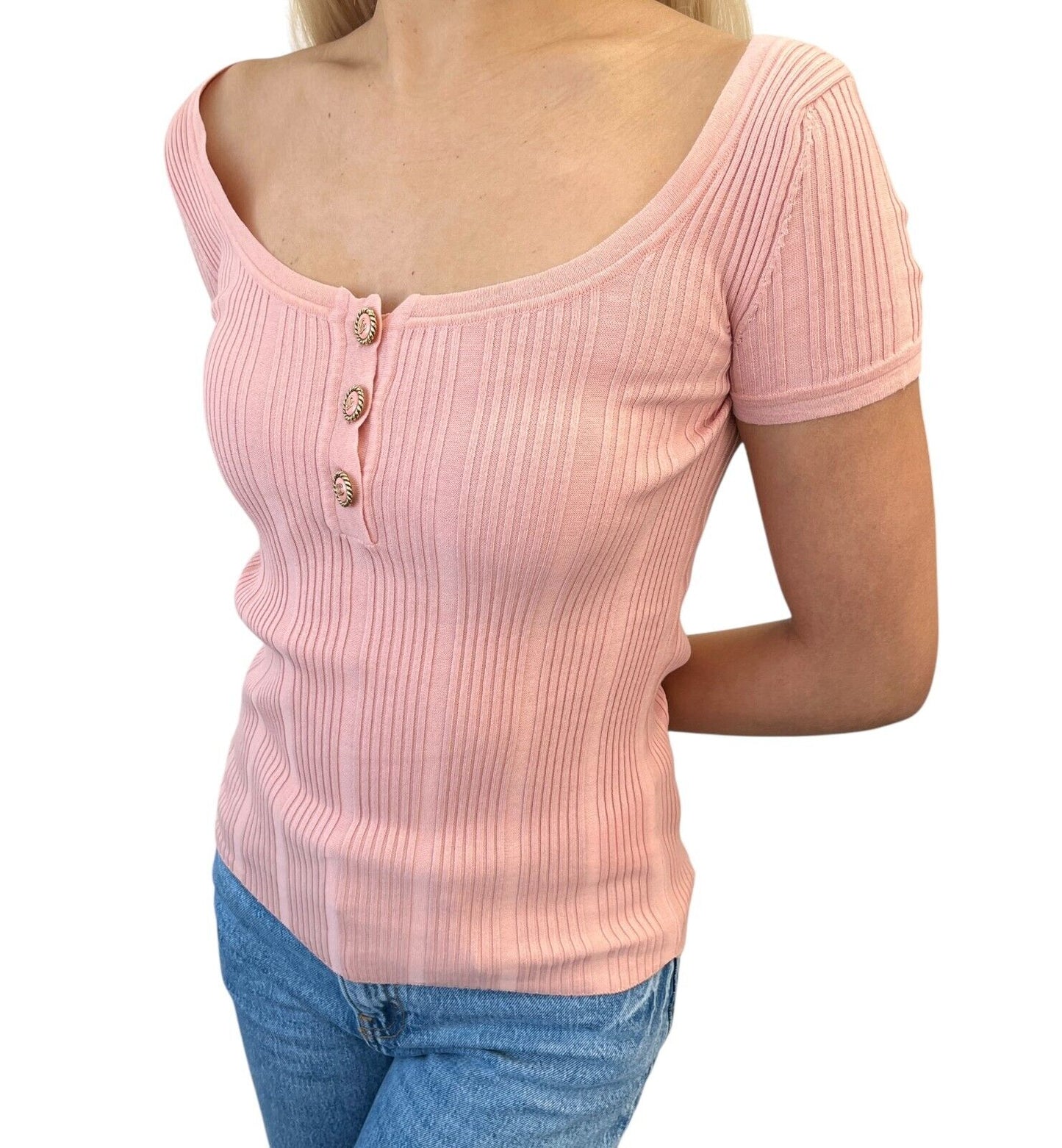 CHANEL Vintage 07P CC Mark Logo Rib Knit Top #S Pink Gold Cotton Button