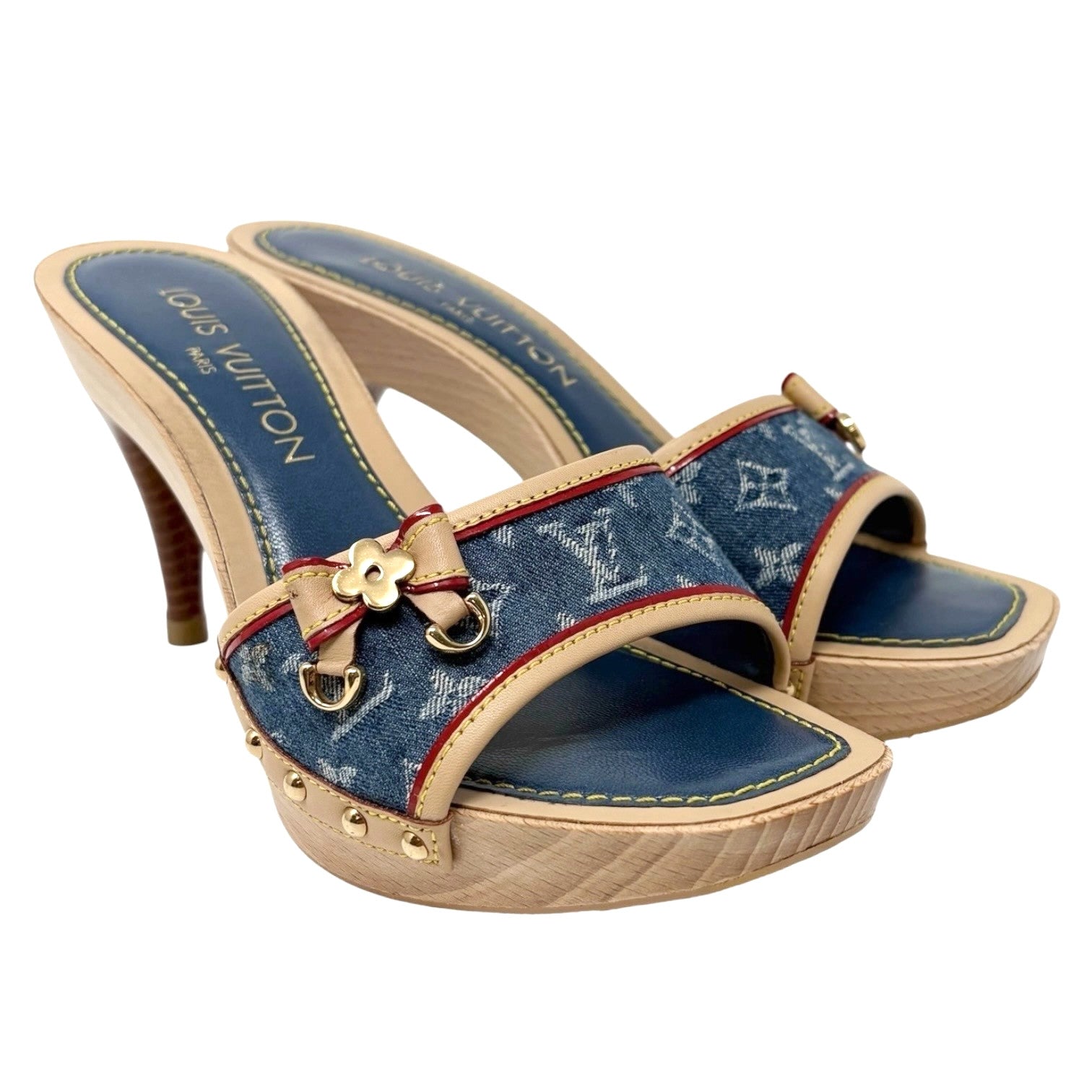 LOUIS VUITTON Vintage Monogram Denim Heels Sandals #36 Blue Beige Ribon
