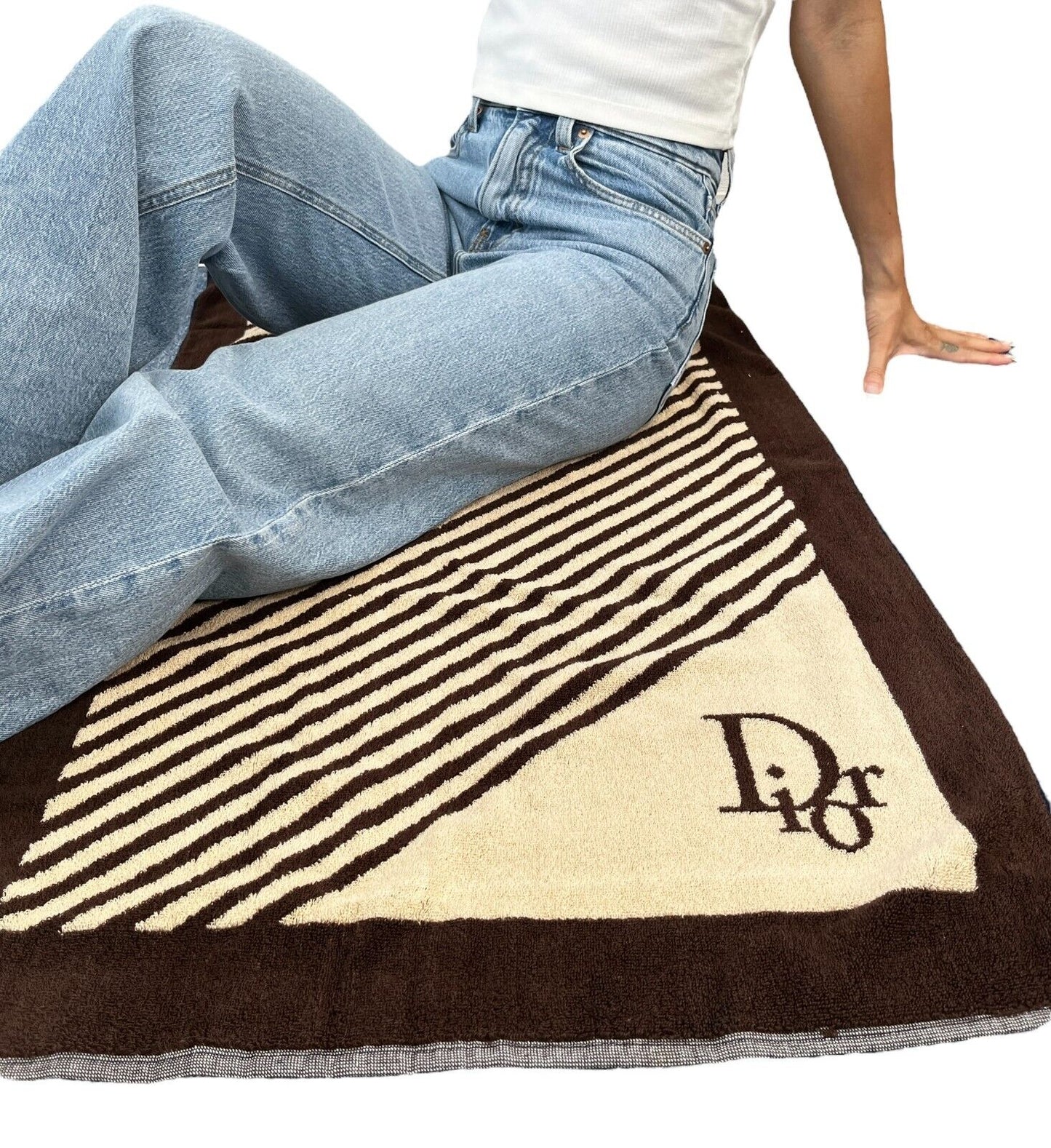 Christian Dior Vintage Logo Beach Towel Terry Cloth Brown Beige Cotton RankAB