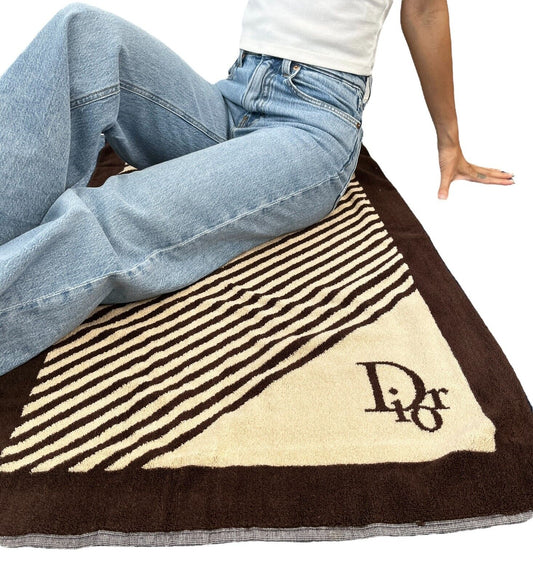 Christian Dior Vintage Logo Beach Towel Terry Cloth Brown Beige Cotton RankAB