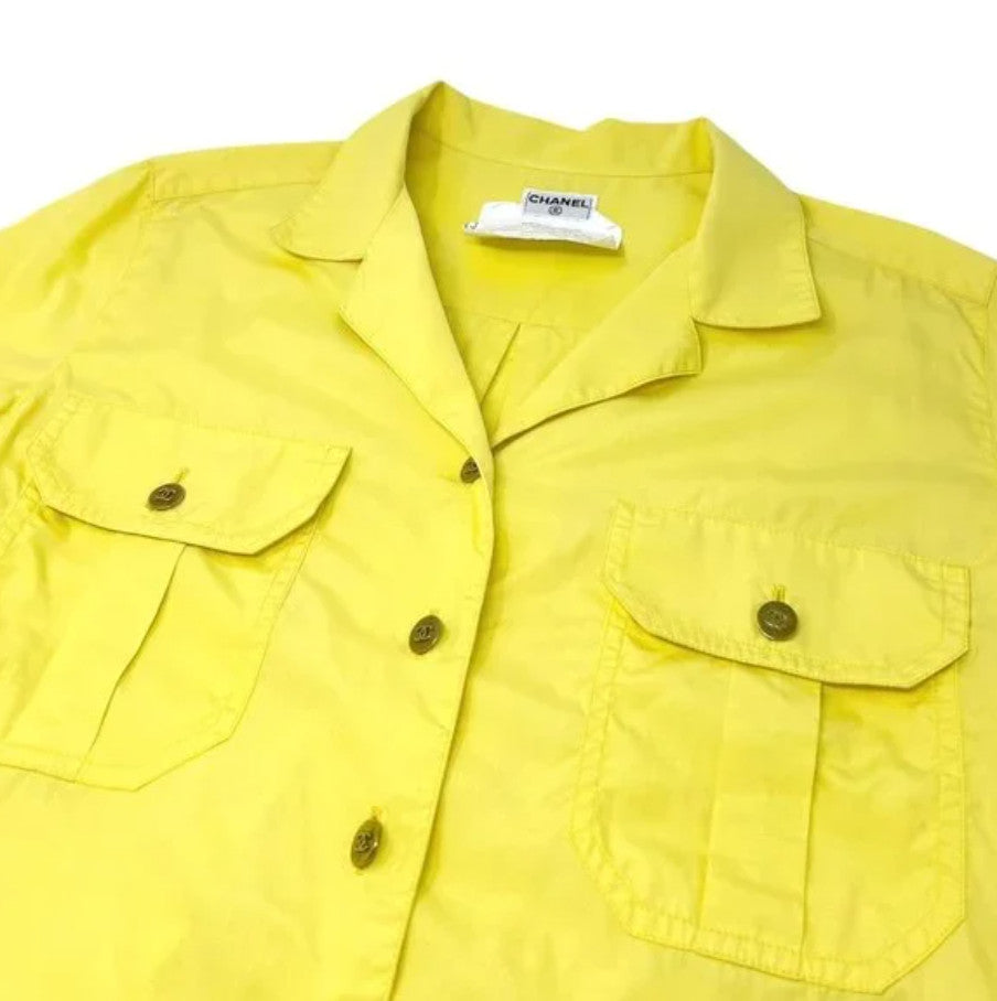 CHANEL Vintage P04883 CC Logo Shirt Top #36 Yellow Gold Cotton Button