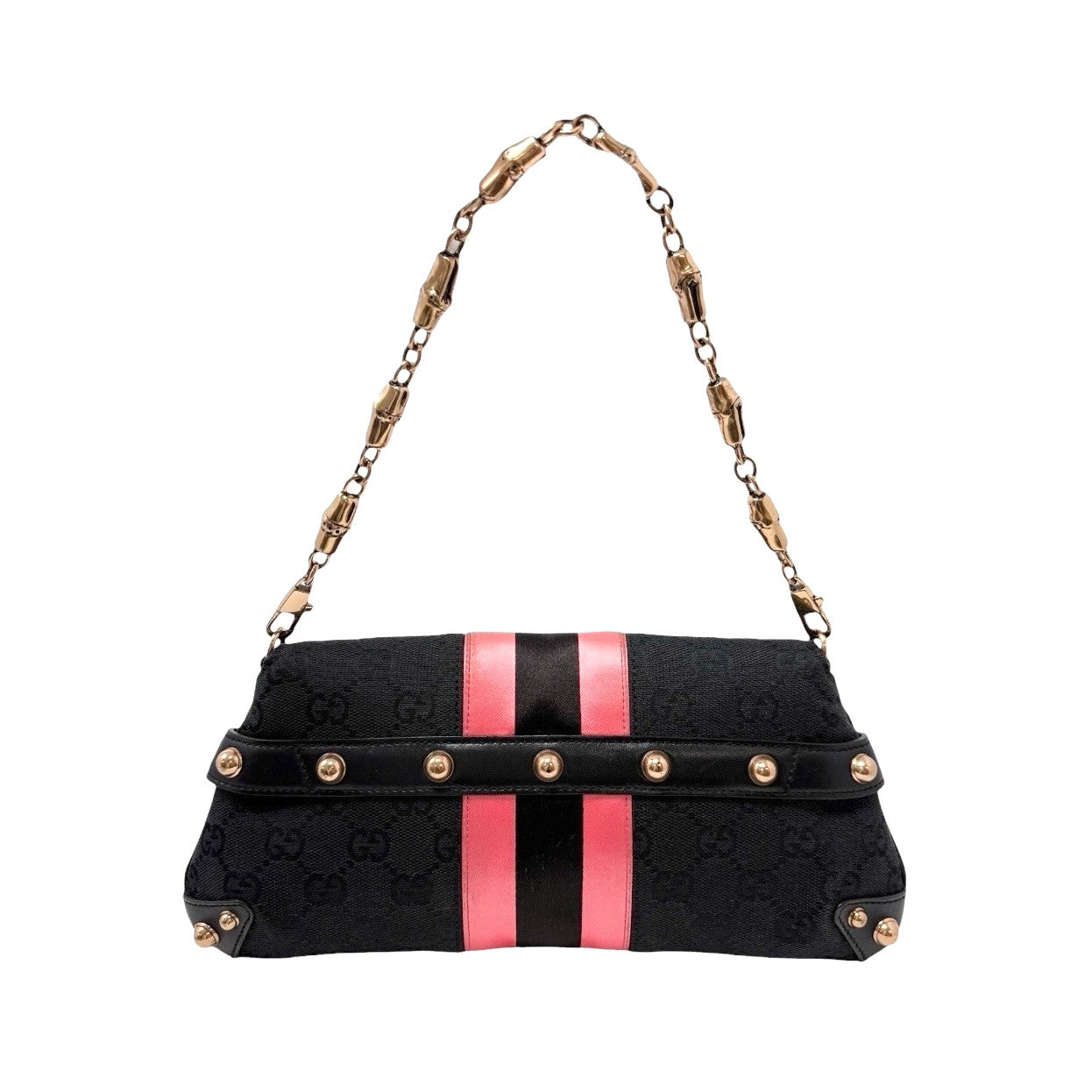GUCCI Vintage GG Logo Monogram Horsebit Shoulder Clutch Bag Chain Black Pink