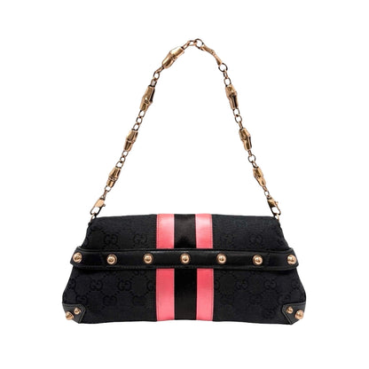 GUCCI Vintage GG Logo Monogram Horsebit Shoulder Clutch Bag Chain Black Pink