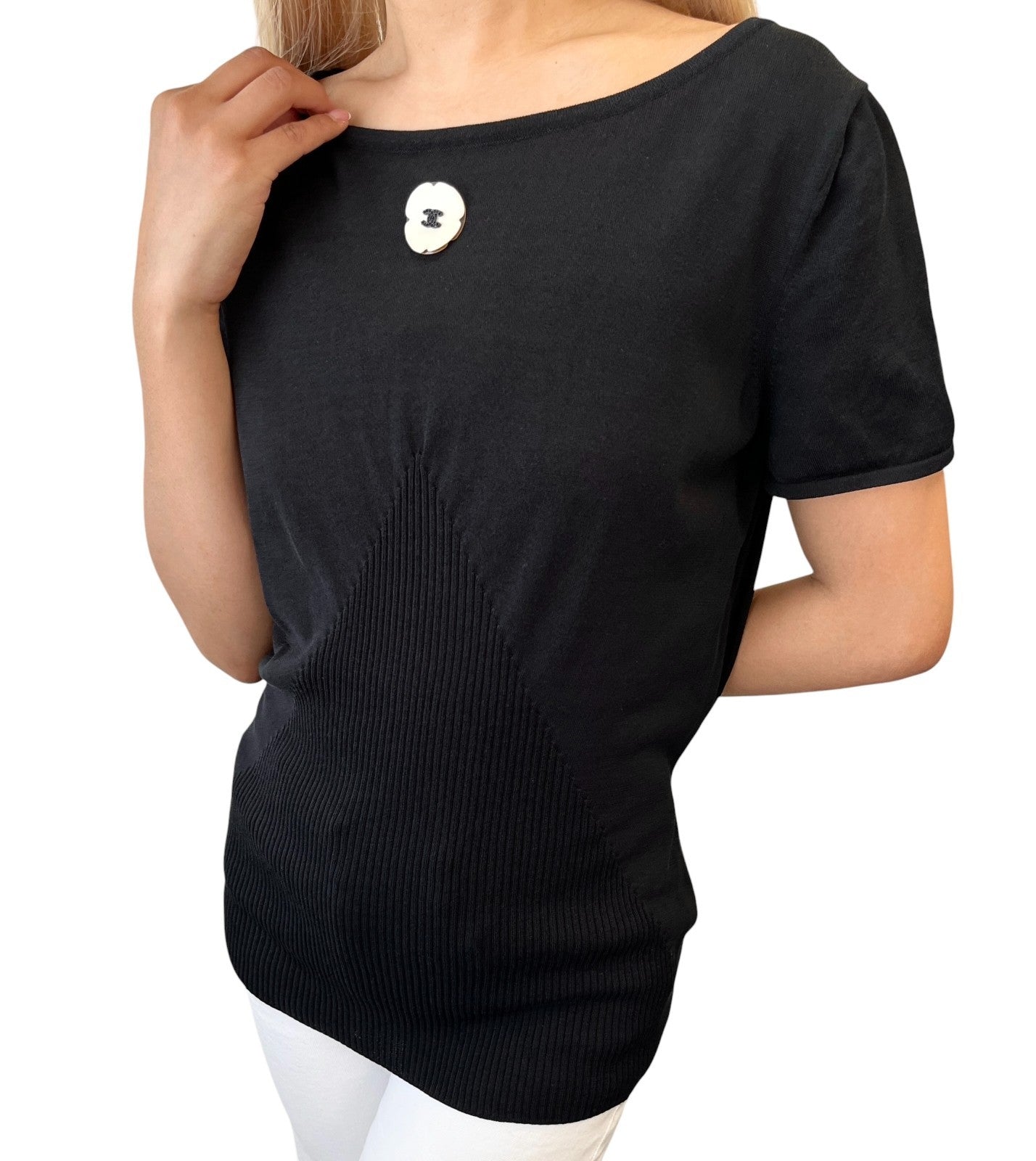 CHANEL Vintage P40798 CC Logo Camelia Knit T-shirt Top #42 Black White 901832