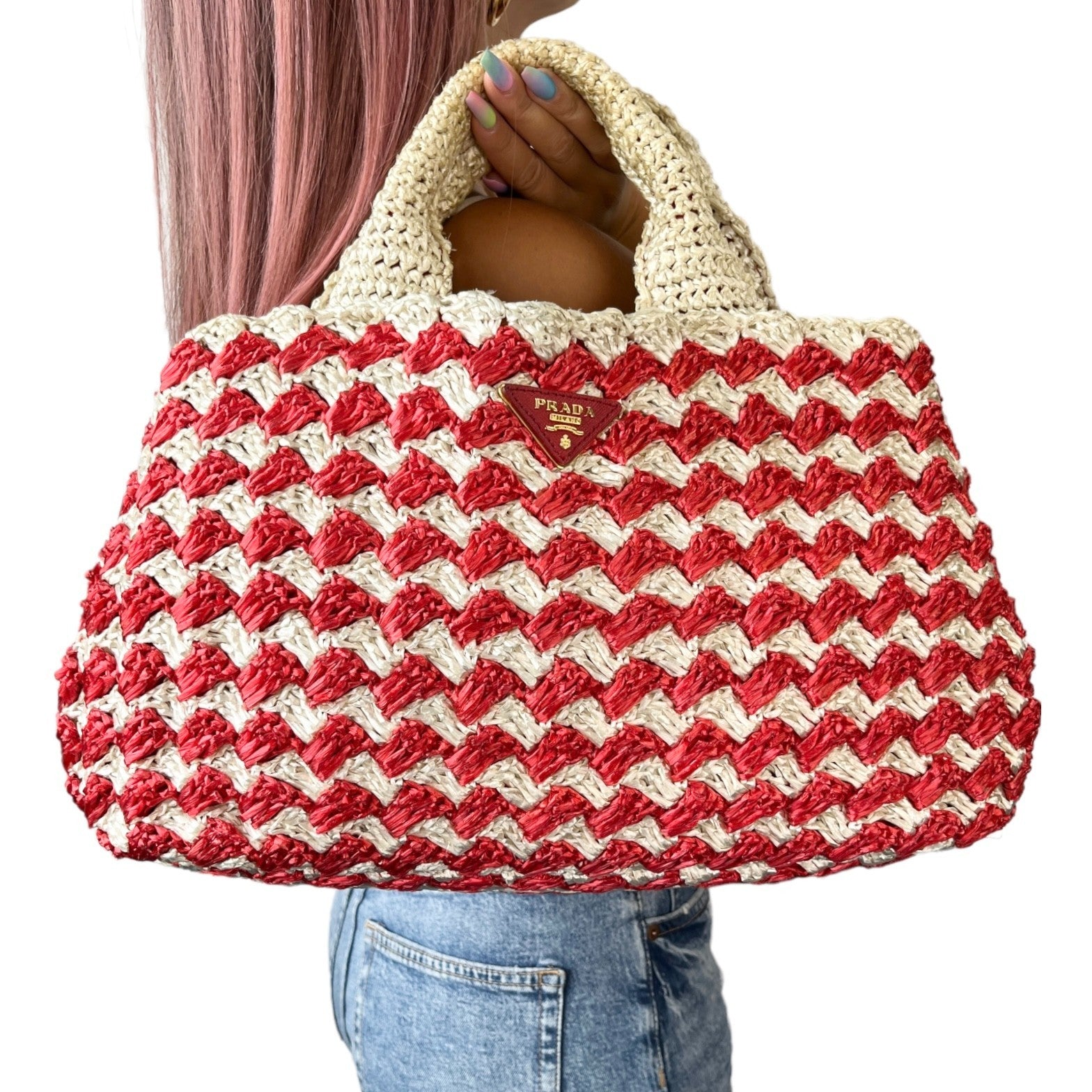 PRADA Vintage Logo Raffia Tote Bag Handbag Red Cream Gold Polyethylene