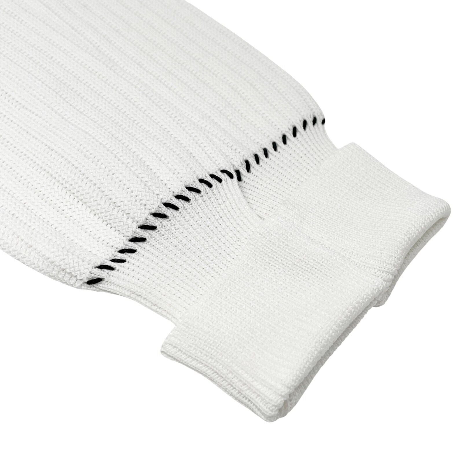 CHANEL Vintage 96P CC Logo Rib Knit Cardigan #38 Top Stitch White Black Cotton