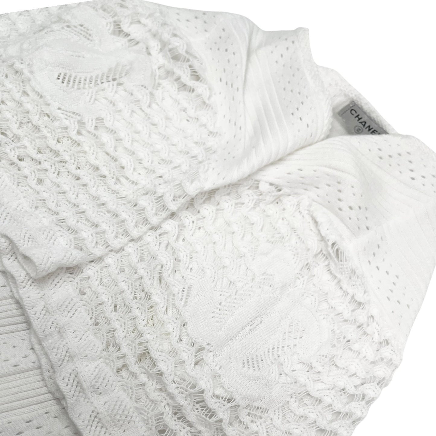 CHANEL Vintage 05C CC Logo Rib Lace T-shirt Top White Cotton Pockets 106999