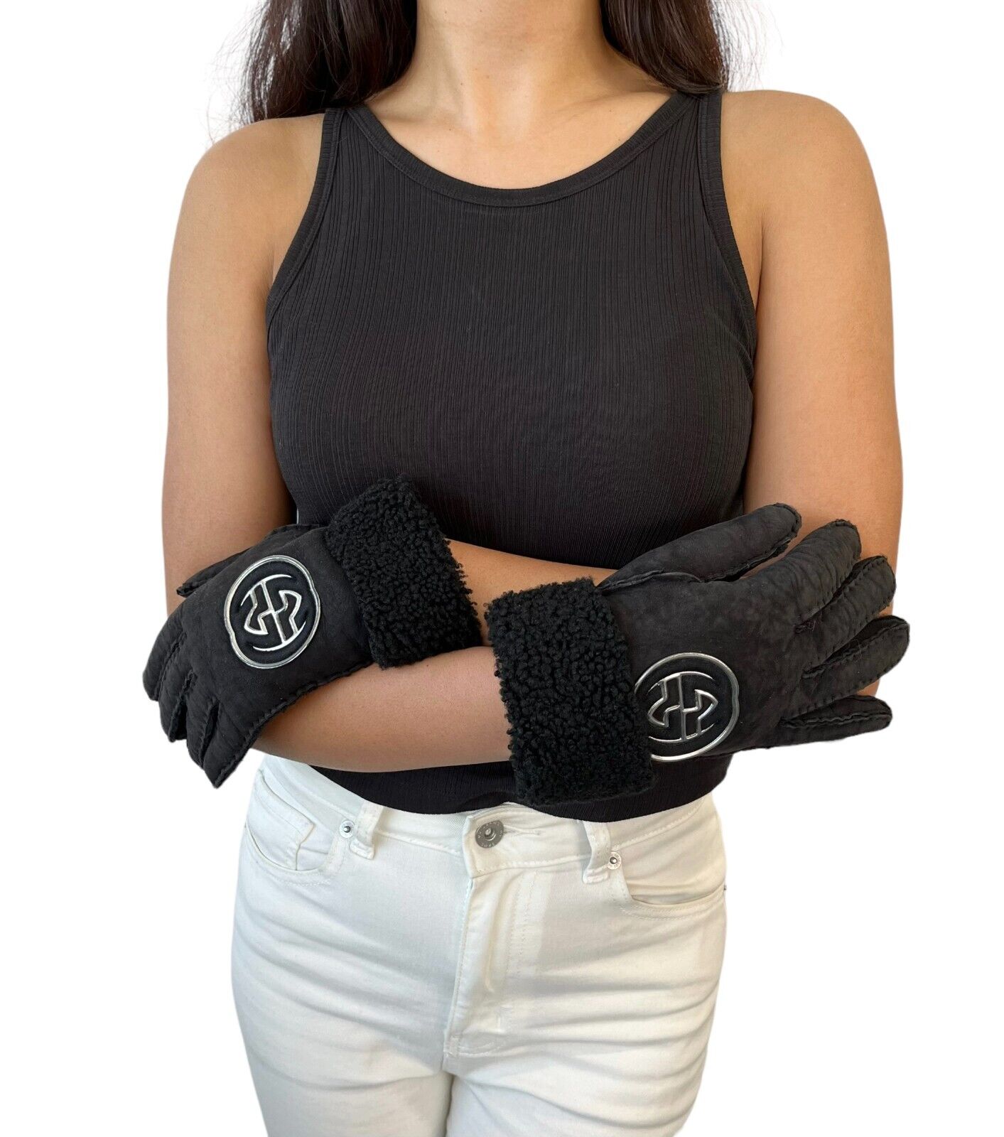 GUCCI Vintage GG Interlocking Logo Gloves #7.5 Black Silver Leather RankAB