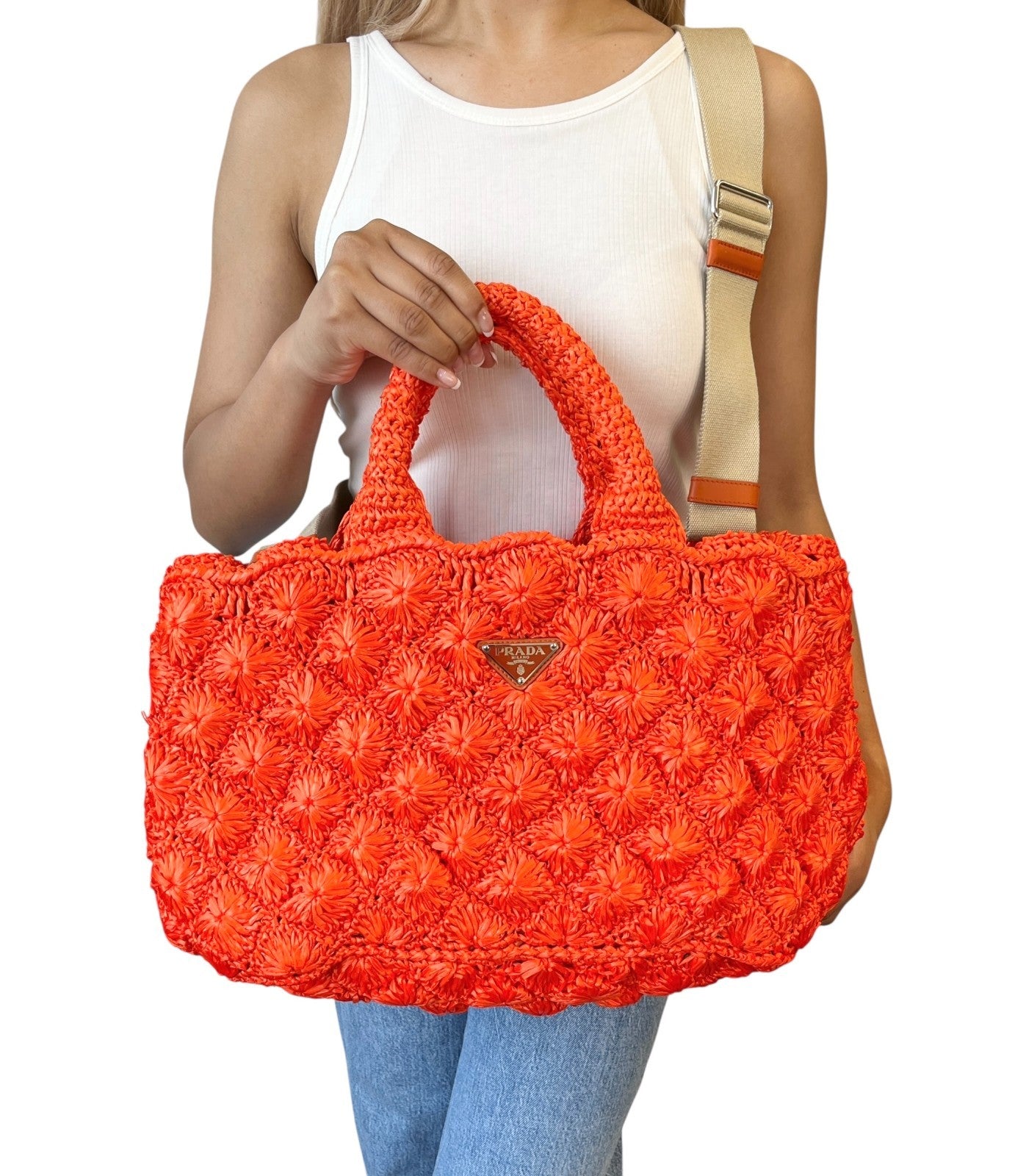 PRADA Vintage Triangle Logo Raffia Tote Bag Crossbody 2way Orange Snap Button