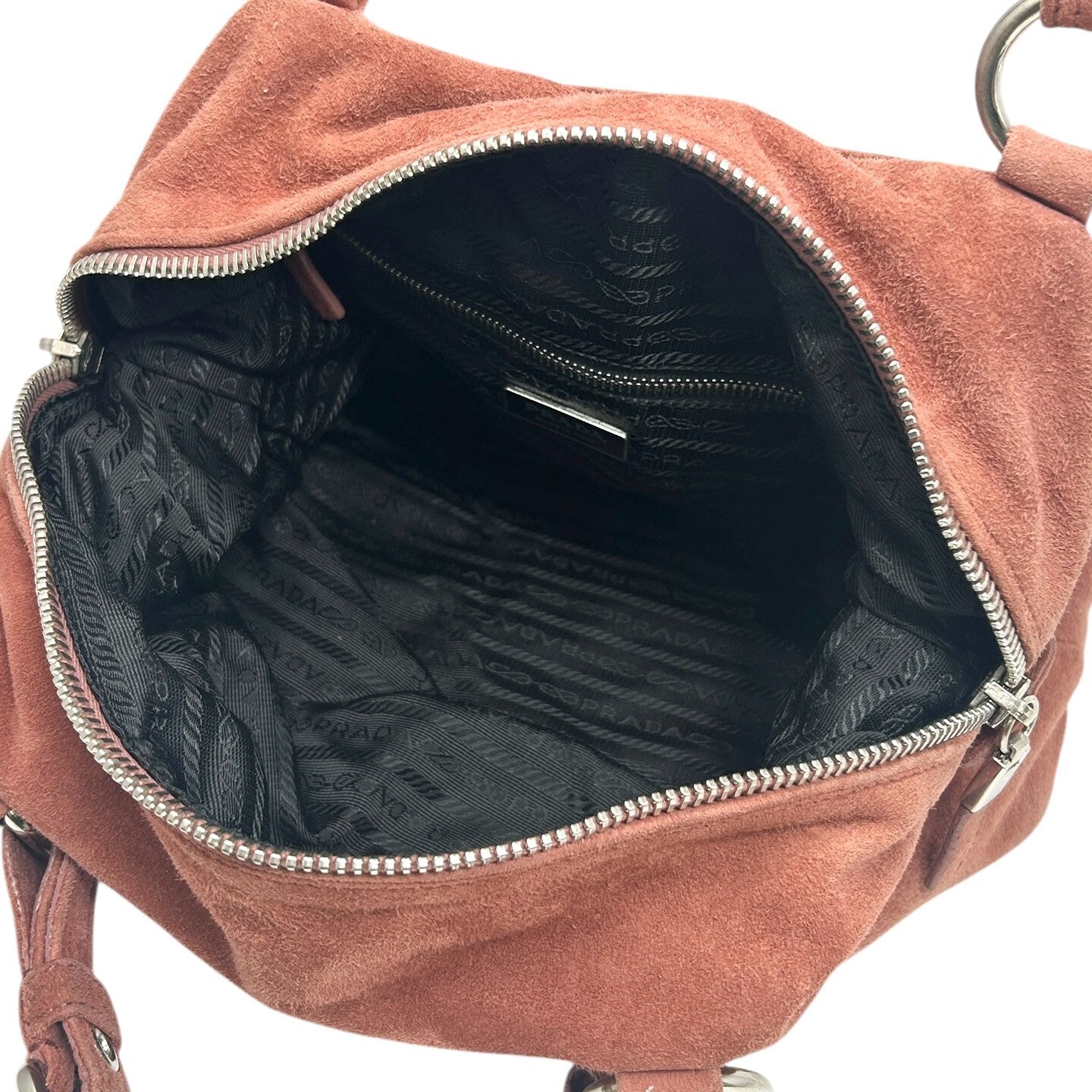 PRADA Vintage Logo Shoulder Bag Tote Red Brown Silver Handbag Suede Zip