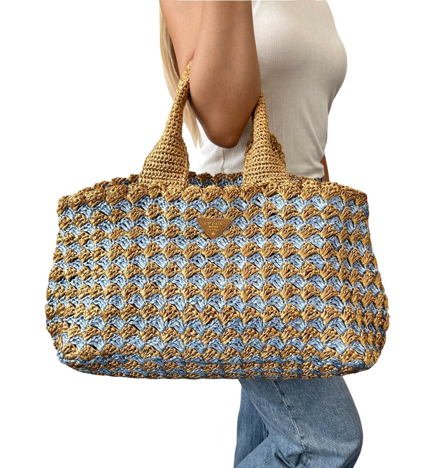 PRADA Vintage Triangle Logo Raffia Canapa Tote Bag Beige Blue Crochet 902055
