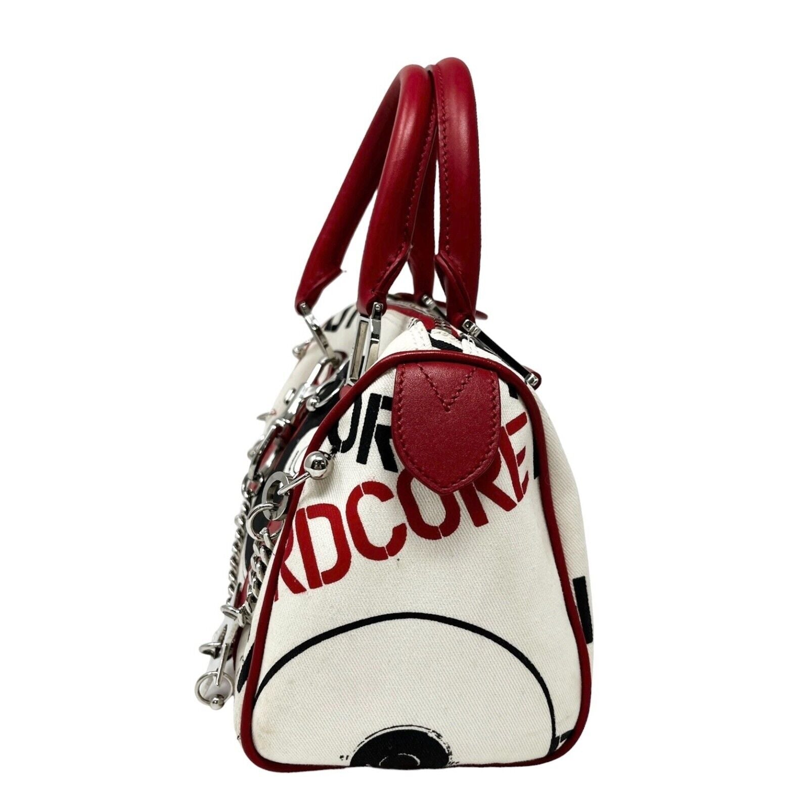 Christian Dior Vintage Logo Hard Core Mini Bowler Bag Red Cream Cotton Rank AB