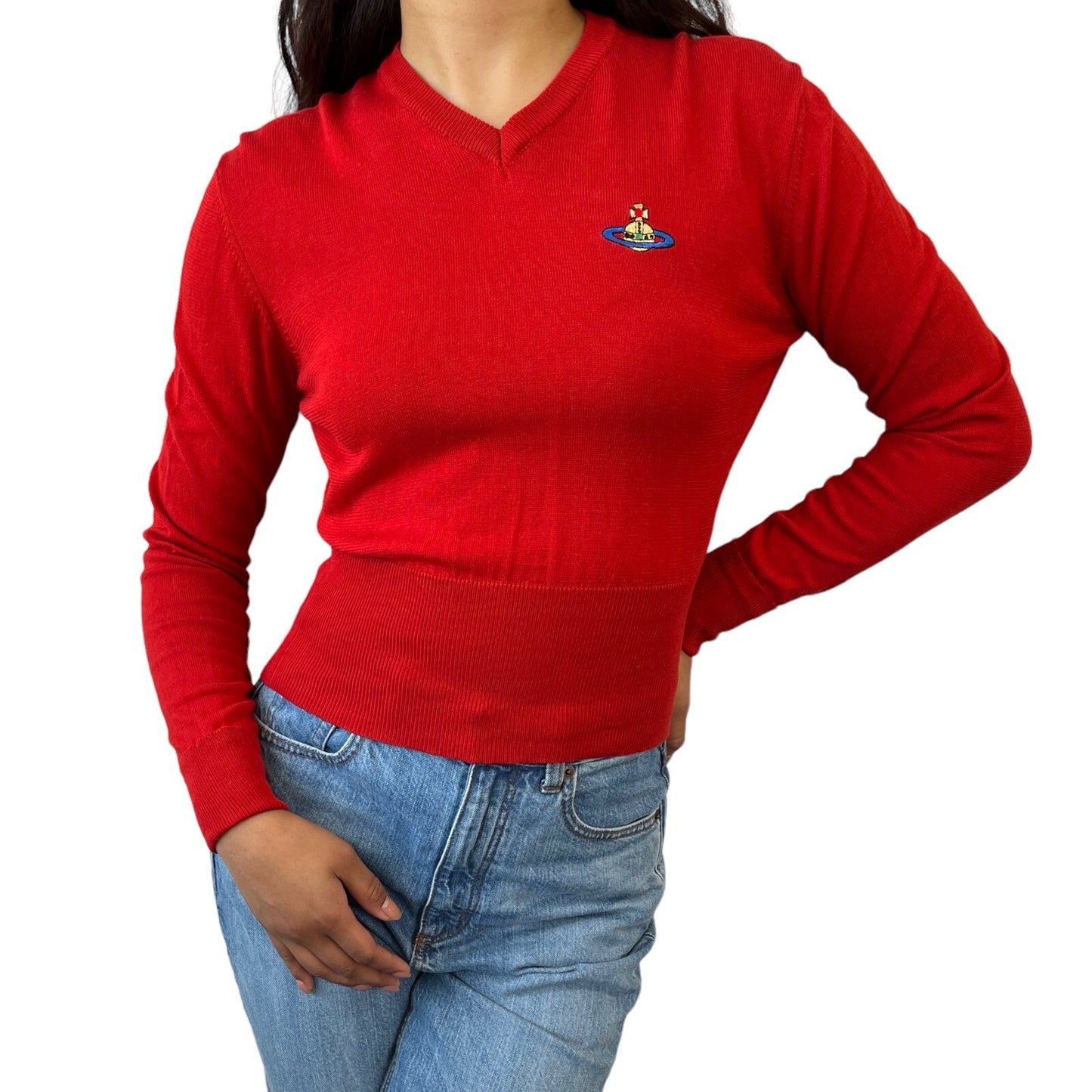 Vivienne Westwood Vintage Orb Logo Cropped Top #M V-neck Red Knit Cotton RankAB