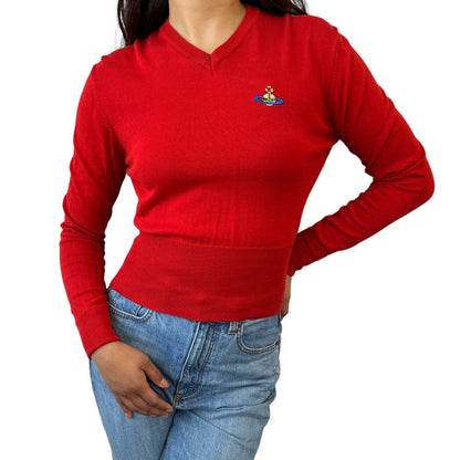 Vivienne Westwood Vintage Orb Logo Cropped Top #M V-neck Red Knit Cotton RankAB