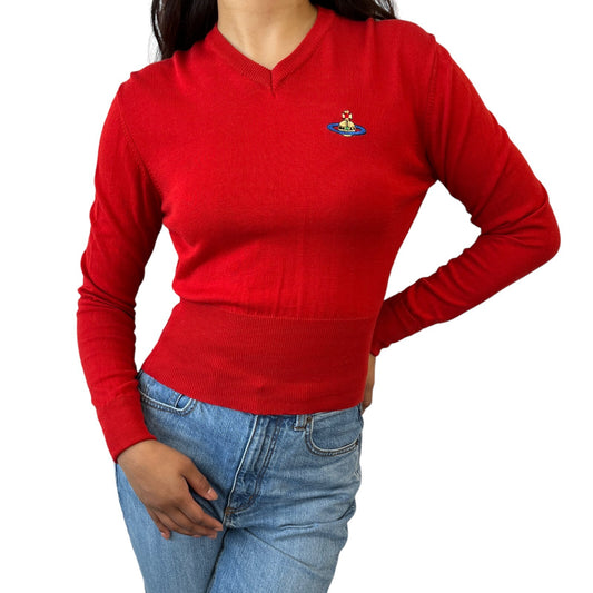 Vivienne Westwood Vintage Orb Logo Cropped Top #M V-neck Red Knit Cotton RankAB